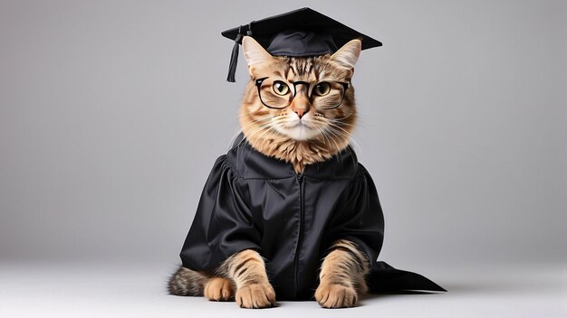 Un mignon chat à rayures brunes portant un chapeau de diplôme et un costume de diplôme