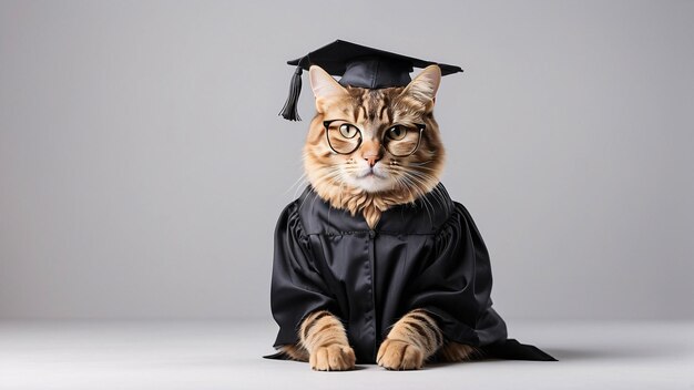 Un mignon chat à rayures brunes portant un chapeau de diplôme et un costume de diplôme