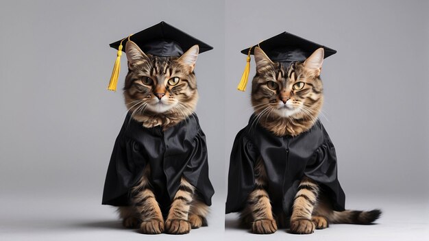 Un mignon chat à rayures brunes portant un chapeau de diplôme et un costume de diplôme