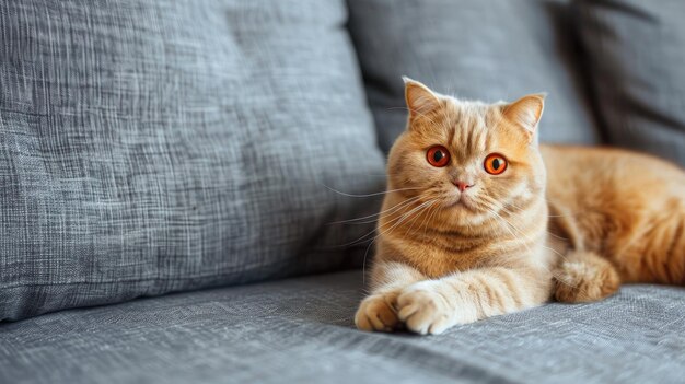 Un mignon chat rouge écossais plié aux yeux orange s'allonge sur un canapé de textile gris à la maison