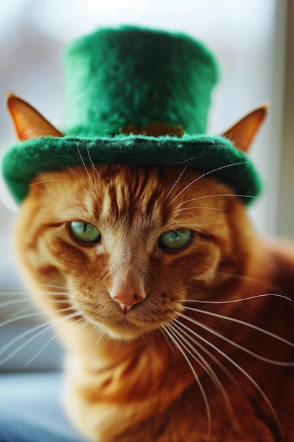 Un mignon chat rouge qui porte un chapeau vert de leprechaun et qui regarde la caméra.
