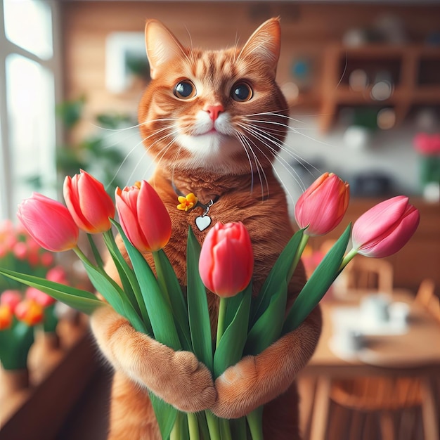 Un mignon chat rouge sourit et tient des fleurs de tulipes dans ses pattes Carte pour le jour d'anniversaire de Martteris