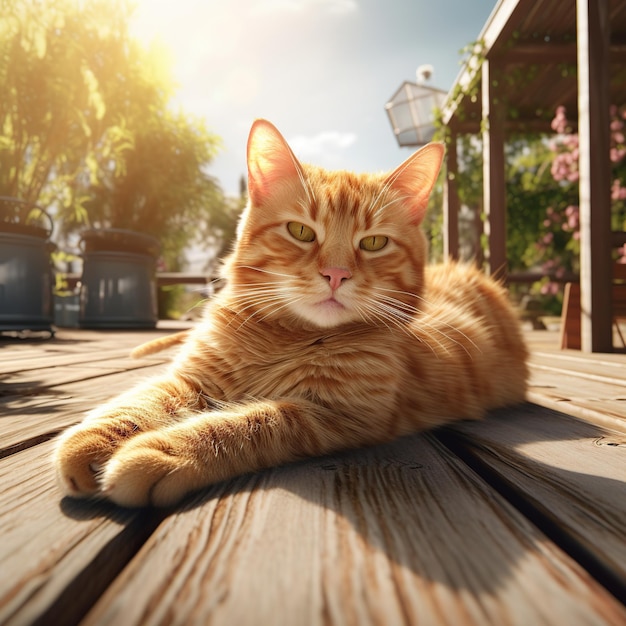 Un mignon chat roux allongé sur une terrasse en bois par une journée ensoleillée.