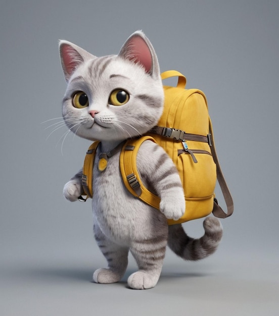 Un mignon chat avec un sac à dos sur un fond gris