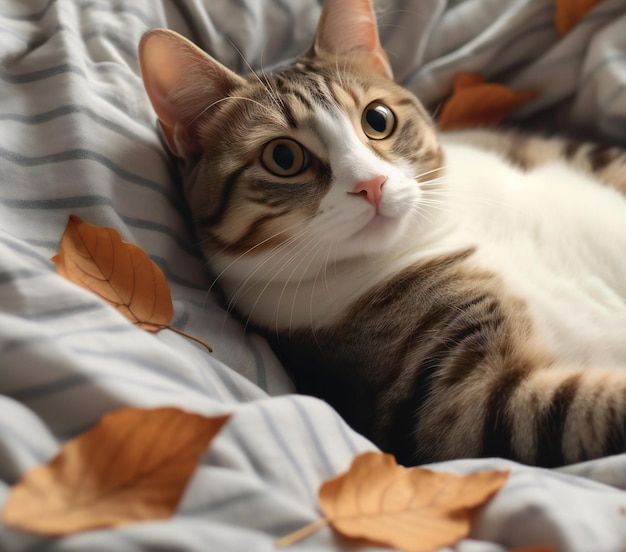 Un mignon chat tabby avec des feuilles d'automne sur le lit en gros plan