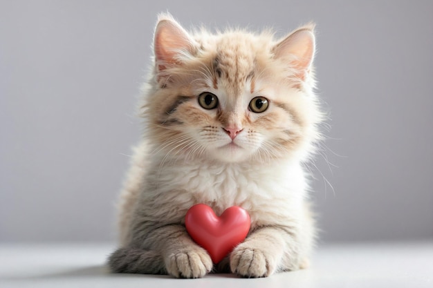 Un mignon chat tenant un objet en forme de cœur rouge avec un fond sombre et flou