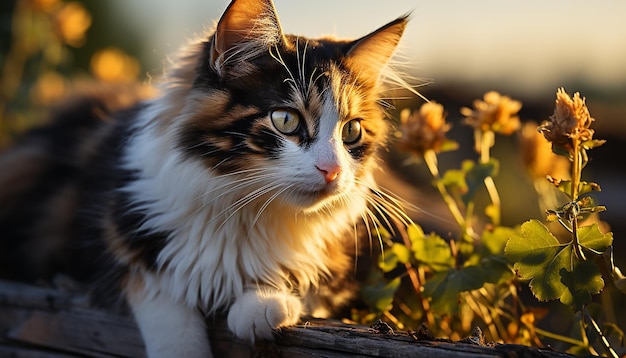 Photo un mignon chaton assis dans l'herbe regardant la caméra en profitant de la nature générée par l'ia