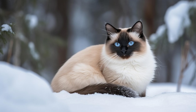 Un mignon chaton assis dans la neige qui regarde la caméra avec une curiosité générée par l'intelligence artificielle.