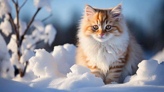 Un mignon chaton assis dans la neige qui regarde avec des yeux bleus.