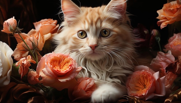 Un mignon chaton assis à regarder la caméra entouré de belles fleurs générées par l'intelligence artificielle