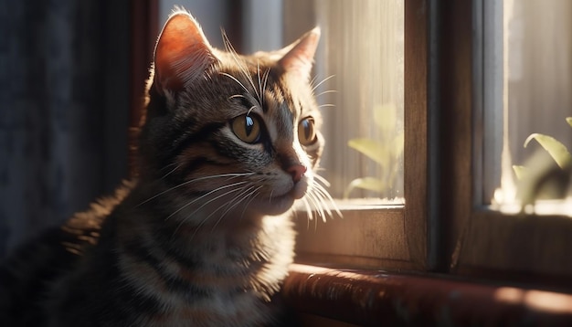 Un mignon chaton assis sur le seuil de la fenêtre regardant la lumière du soleil à l'extérieur générée par l'intelligence artificielle