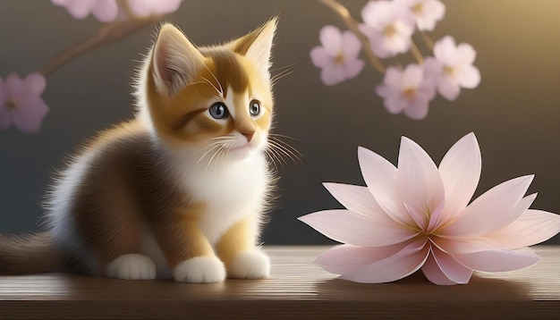 Photo un mignon chaton assis sur la table qui regarde une fleur rose.