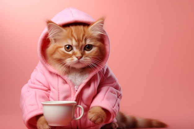 Un mignon chaton au gingembre dans une veste rose avec une tasse de café.