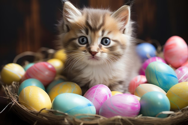 Un mignon chaton aux yeux bleus dans des œufs de Pâques a été généré.