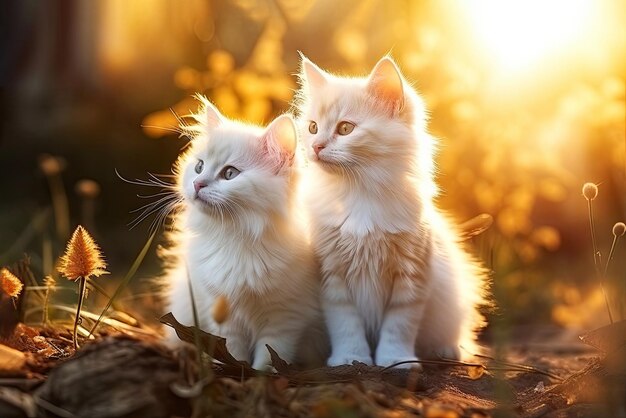 Photo un mignon chaton blanc dans le parc dans la nature se tient sur une pierre