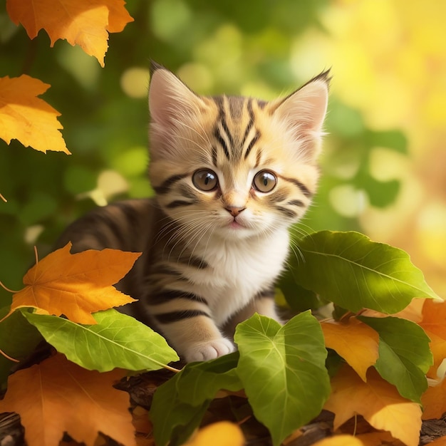 Un mignon chaton domestique assis sur une feuille génère