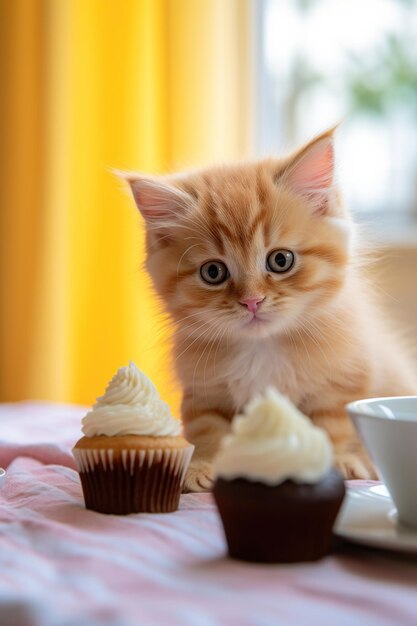 Un mignon chaton de Maine Coon avec des cupcakes