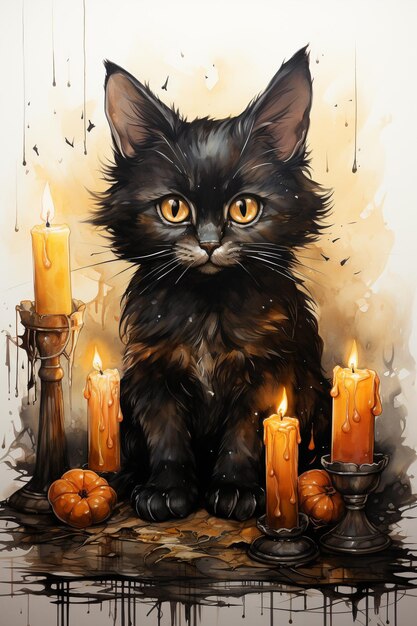 Un mignon chaton noir assis près des bougies et des feuilles d'automne carte d'Halloween