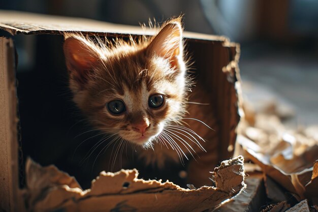 Un mignon chaton orange regardant de loin dans une boîte en carton.