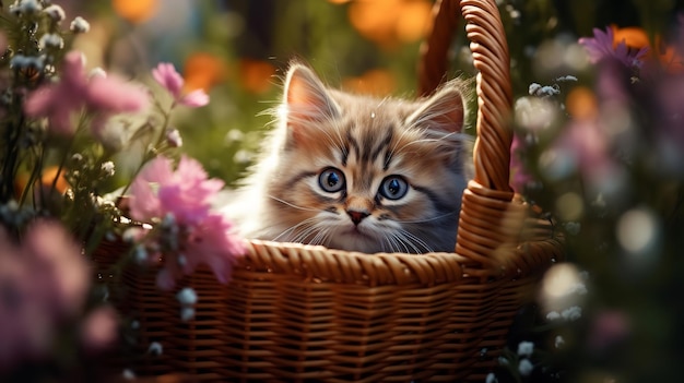 Un mignon chaton perché sur un panier avec un arbre et des fleurs en arrière-plan IA générative