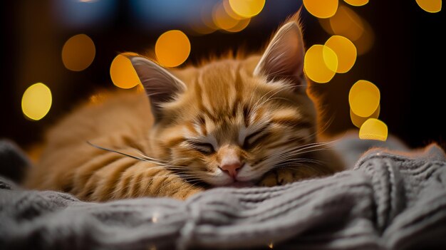 Un mignon chaton rouge dort doucement sur le lit la nuit avant Noël.