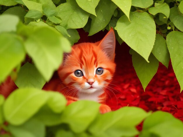 Mignon chaton rouge se cachant de la pluie sous les feuilles ai généré