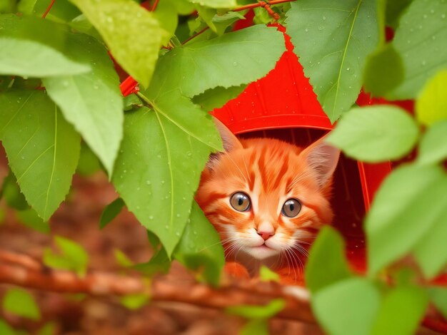 Mignon chaton rouge se cachant de la pluie sous les feuilles ai généré