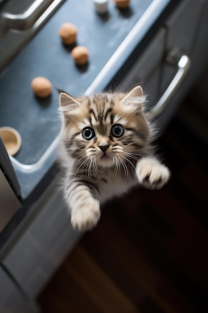 Un mignon chaton sibérien dans la cuisine Focus sélectif