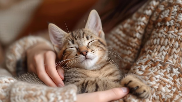 Un mignon chaton tabby tenu par un humain