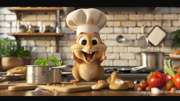 Un mignon chef hamster est debout sur un comptoir de cuisine Il porte un chapeau de chef blanc et tient un avec du basilic dedans