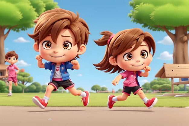 mignon chibi garçon et fille cheveux courts avec running costume de sport courir dans le parc généré par Ai