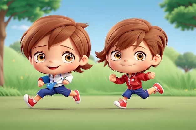 mignon chibi garçon et fille cheveux courts avec running costume de sport courir dans le parc généré par Ai