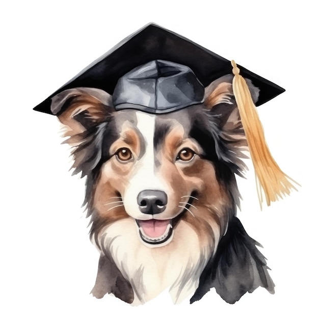 Un mignon chien à l'aquarelle isolé dans une casquette de graduation