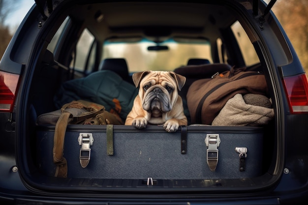 Un mignon chien assis dans le coffre d'une voiture généré par l'IA