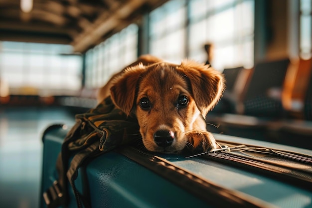 Photo un mignon chien assis dans la valise concept de voyage