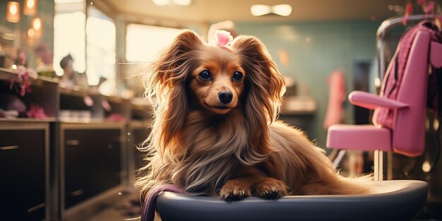 Un mignon chien aux cheveux longs est assis dans un salon de beauté.
