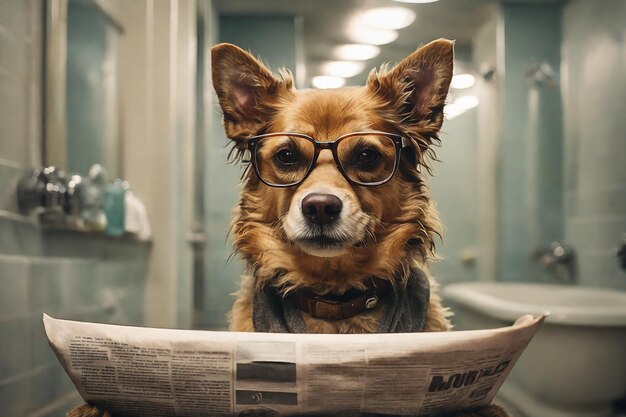 Un mignon chien aux lunettes assis dans la salle de bain et lisant le journal.