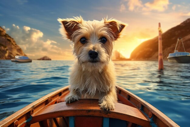 Un mignon chien sur un bateau dans la mer au coucher du soleil en gros plan