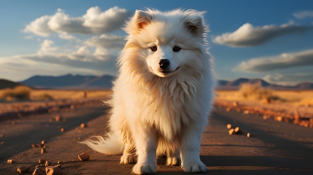 Un mignon chien blanc avec un bel arrière-plan céleste IA générative