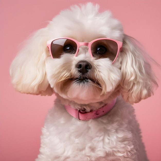 Un mignon chien blanc avec des lunettes roses sur un fond rose