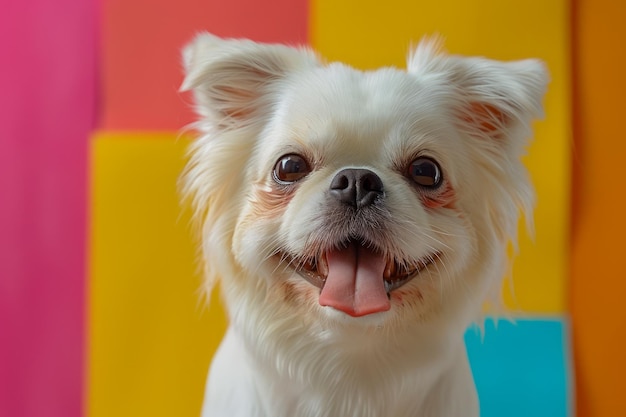 Un mignon chien blanc souriant avec une fourrure moelleuse posant sur un fond géométrique multicolore Pet Happiness