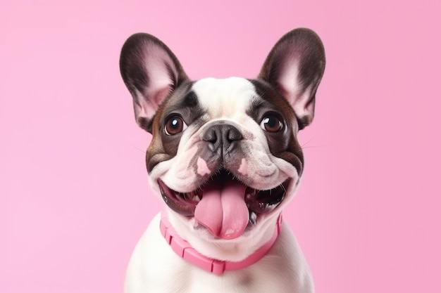 mignon chien bouledogue heureux sur fond rose AI généré