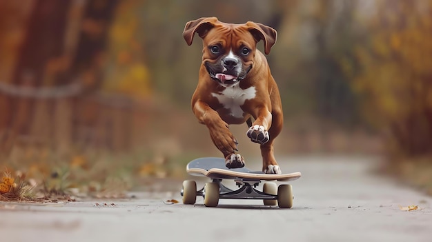 Photo un mignon chien boxeur brun et blanc en planche à roulettes sur une route avec une expression heureuse sur son visage