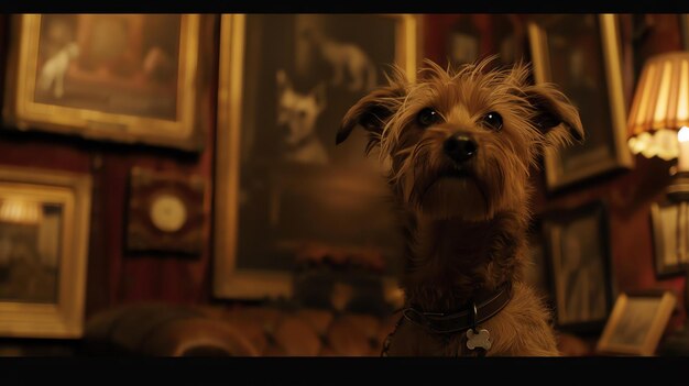Photo un mignon chien brun avec un collier et une étiquette est assis dans une pièce sombre il y a des peintures sur le mur et une lampe sur la table