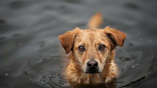 Un mignon chien brun doré nage dans un lac l'eau est claire et vous pouvez voir le reflet des chiens