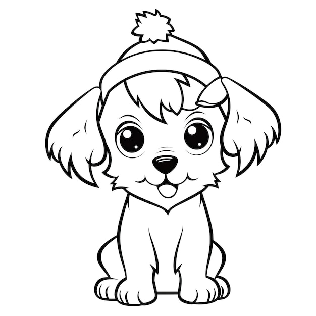 un mignon chien avec un chapeau de Père Noël page de coloriage pour enfants kawaii
