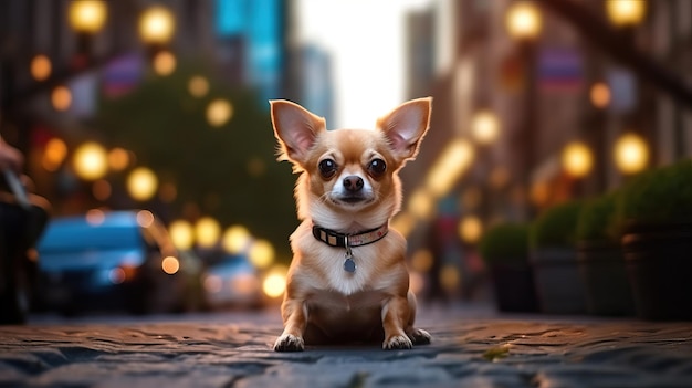 Le mignon chien Chihuahua au milieu de la scène de la rue urbaine