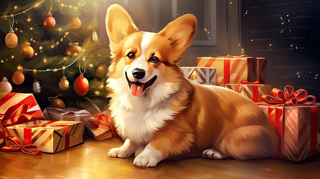 Un mignon chien corgi en arrière-plan avec des cadeaux et un arbre de Noël décoré de façon festive