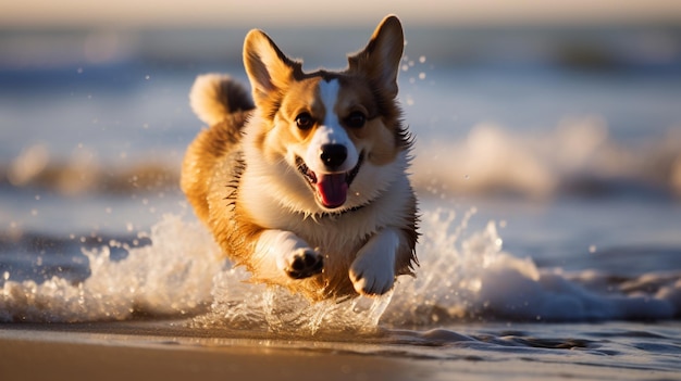 Un mignon chien corgi qui court sur la plage de la mer papier peint AI Art généré