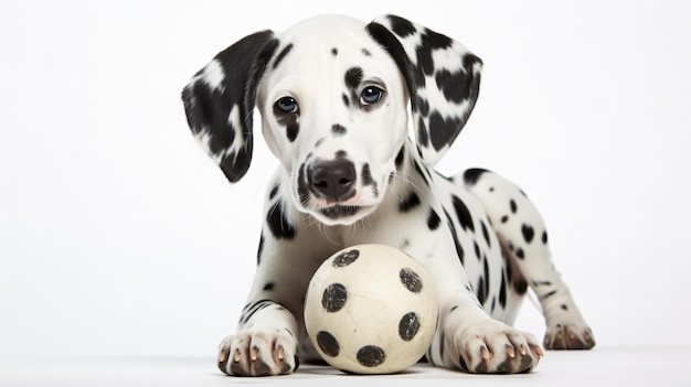 Un mignon chien dalmatien tenant une balle dans la bouche isolé sur un fond blanc